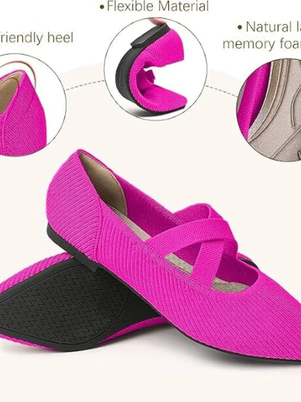 Women's Pink Pointed Toe Comfortable Mary Jane Slip-On Knit Ballet Flat Shoes